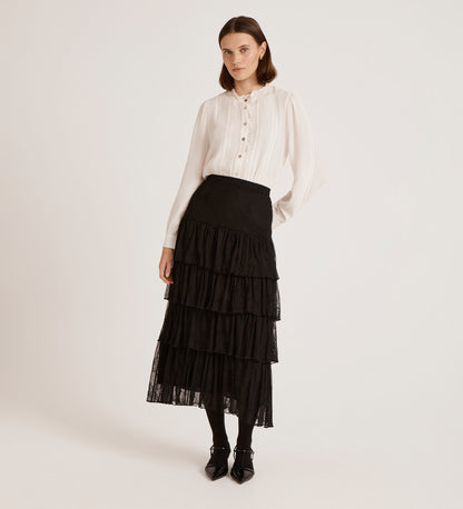 Elisa Black Mesh Midi Tiered Skirt