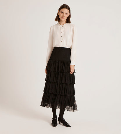Elisa Black Mesh Midi Tiered Skirt
