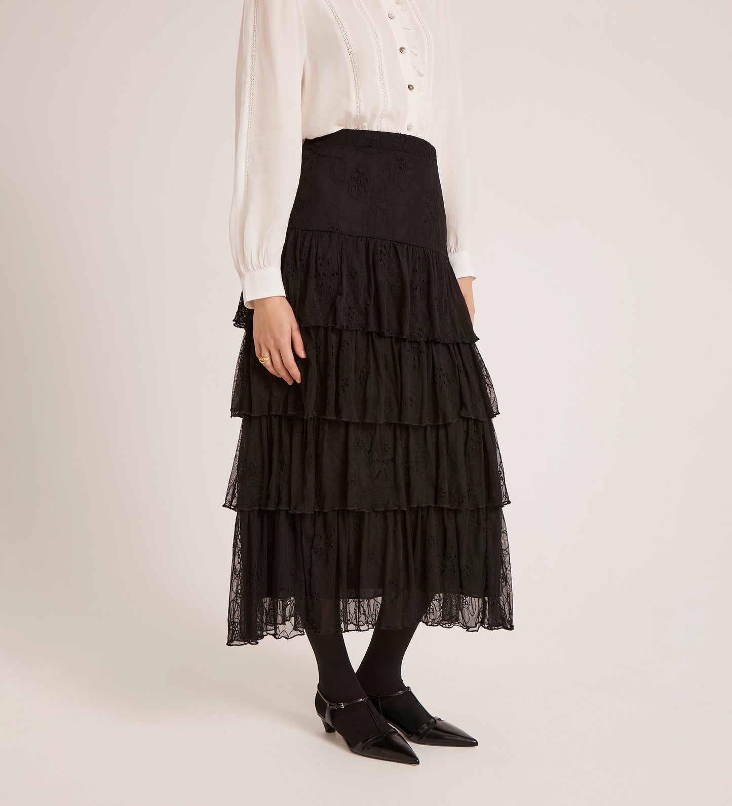 Elisa Black Mesh Midi Tiered Skirt