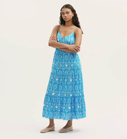 Emmie Blue Woodblock Linen Blend Strappy Tiered Midi Dress