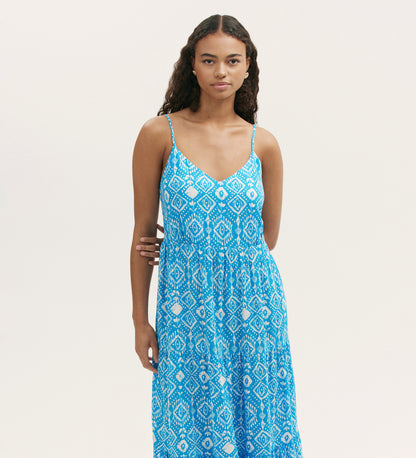 Emmie Blue Woodblock Linen Blend Strappy Tiered Midi Dress