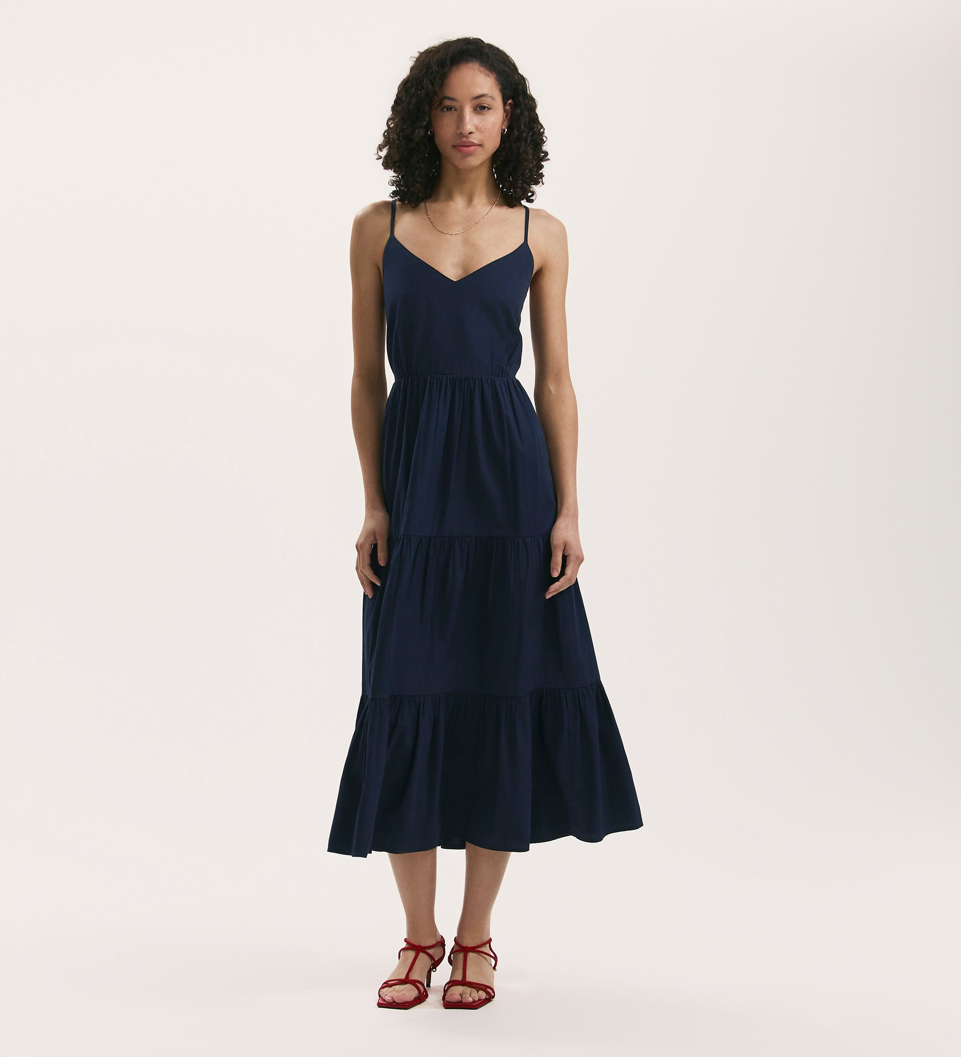 Emmie Navy Cotton Midi Tiered Dress – Finery London