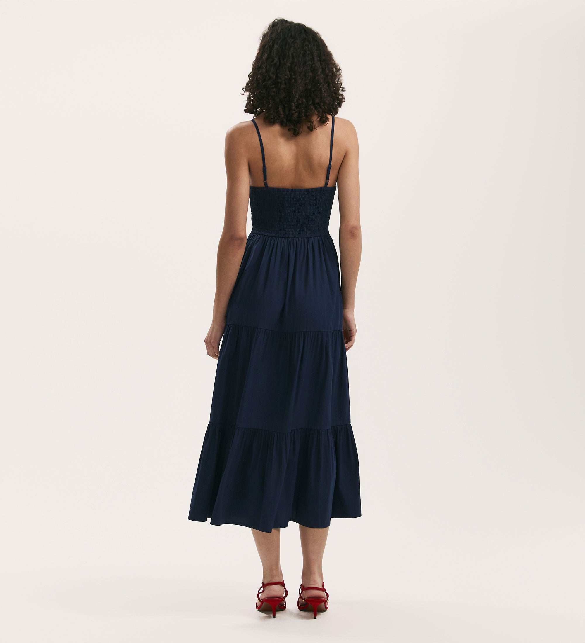 hitomi 低身長mini URAKE tiered dress / navy Emmie Navy Cotton Midi Tiered Dress – Finery London