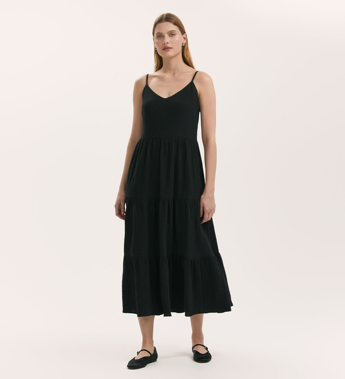 Emmie Black Cotton Midi Tiered Dress