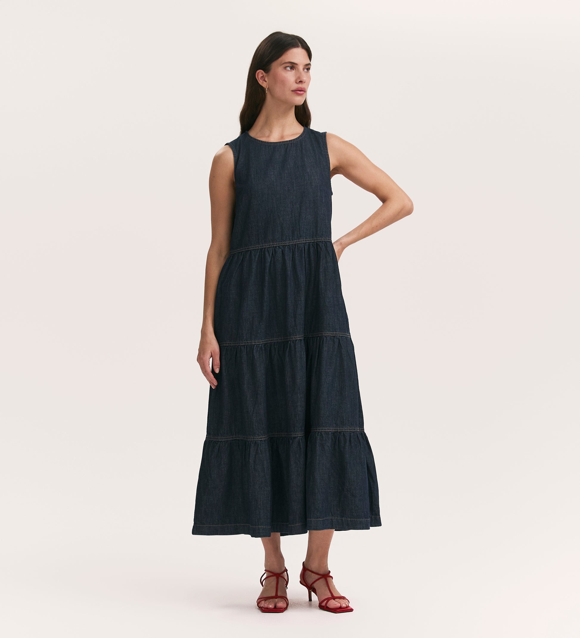 Essie Indigo Denim Sleeveless Midi Tiered Dress Finery London Essie Indigo Denim Sleeveless Midi Tiered Dress Finery London