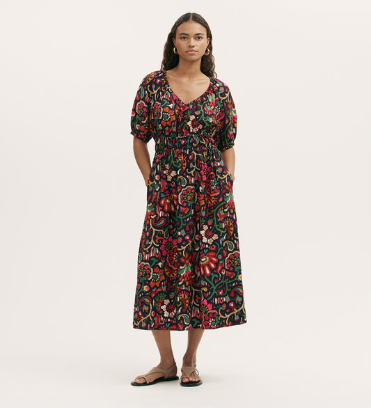 Estee Black Floral Crepe Midi Smock Dress