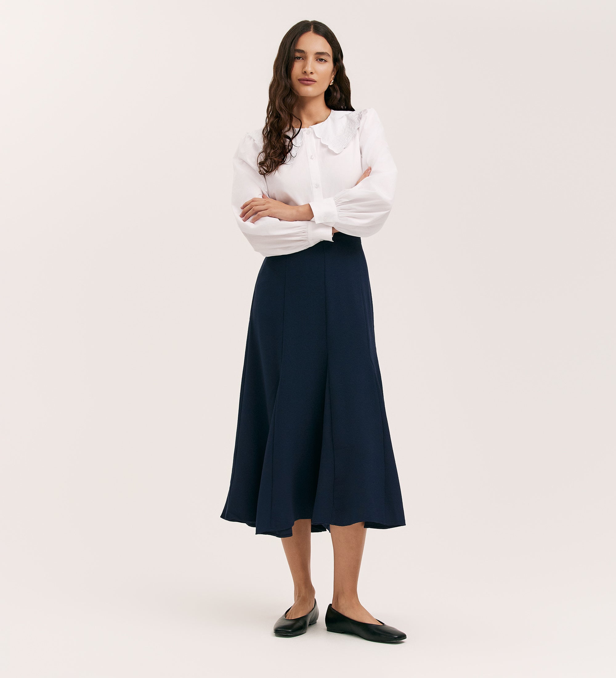 Fabiola Navy Crepe Midi Skirt – Finery London