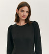 A woman with shoulder-length brown hair wears the Felice Black Ponte Jersey Midi Dress, featuring long sleeves and a tailored fit, standing against a plain light background and looking at the camera with a neutral expression.
