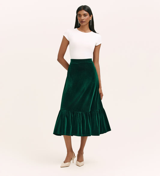 Joline Bottle Green Velvet Midi Skirt