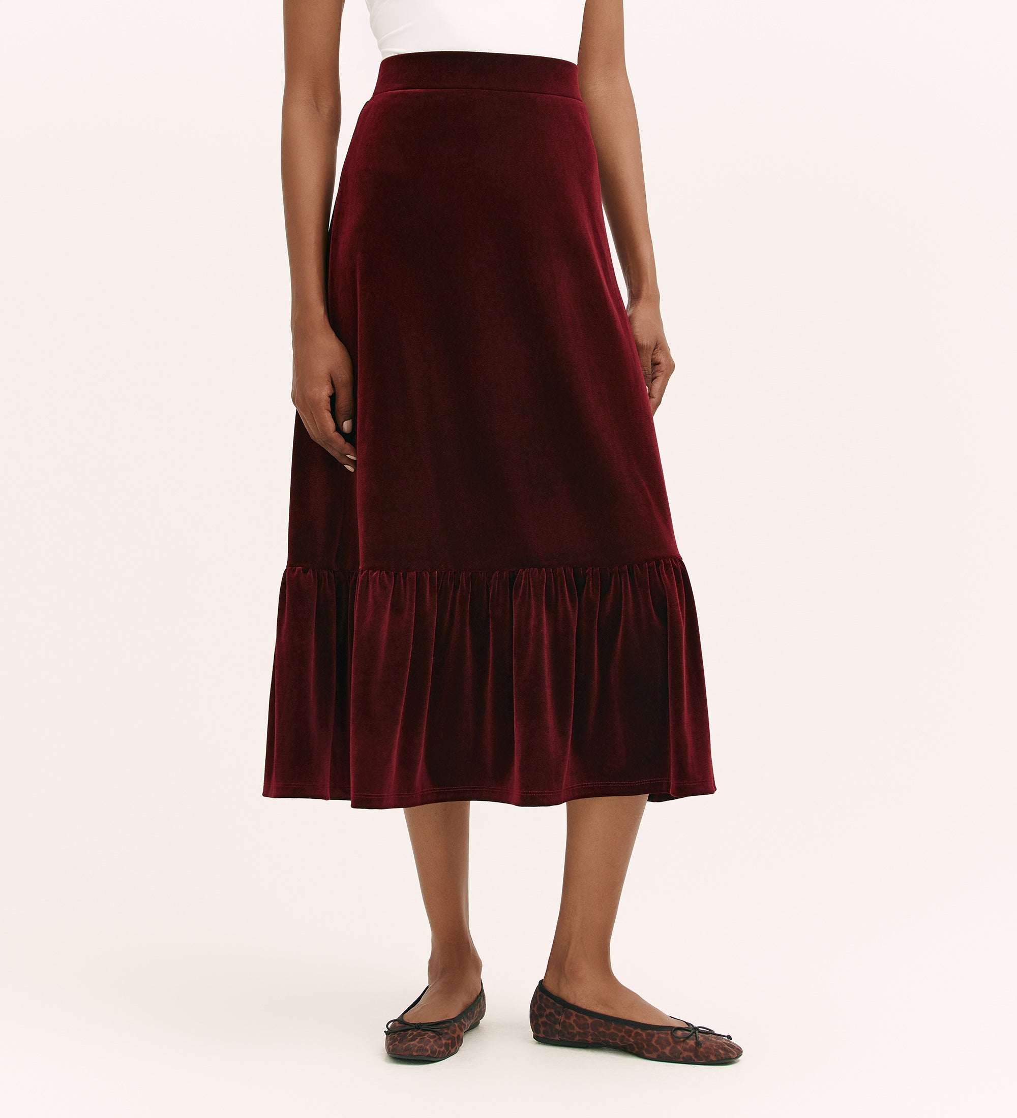 Joline Burgundy Velvet Midi Skirt – Finery London