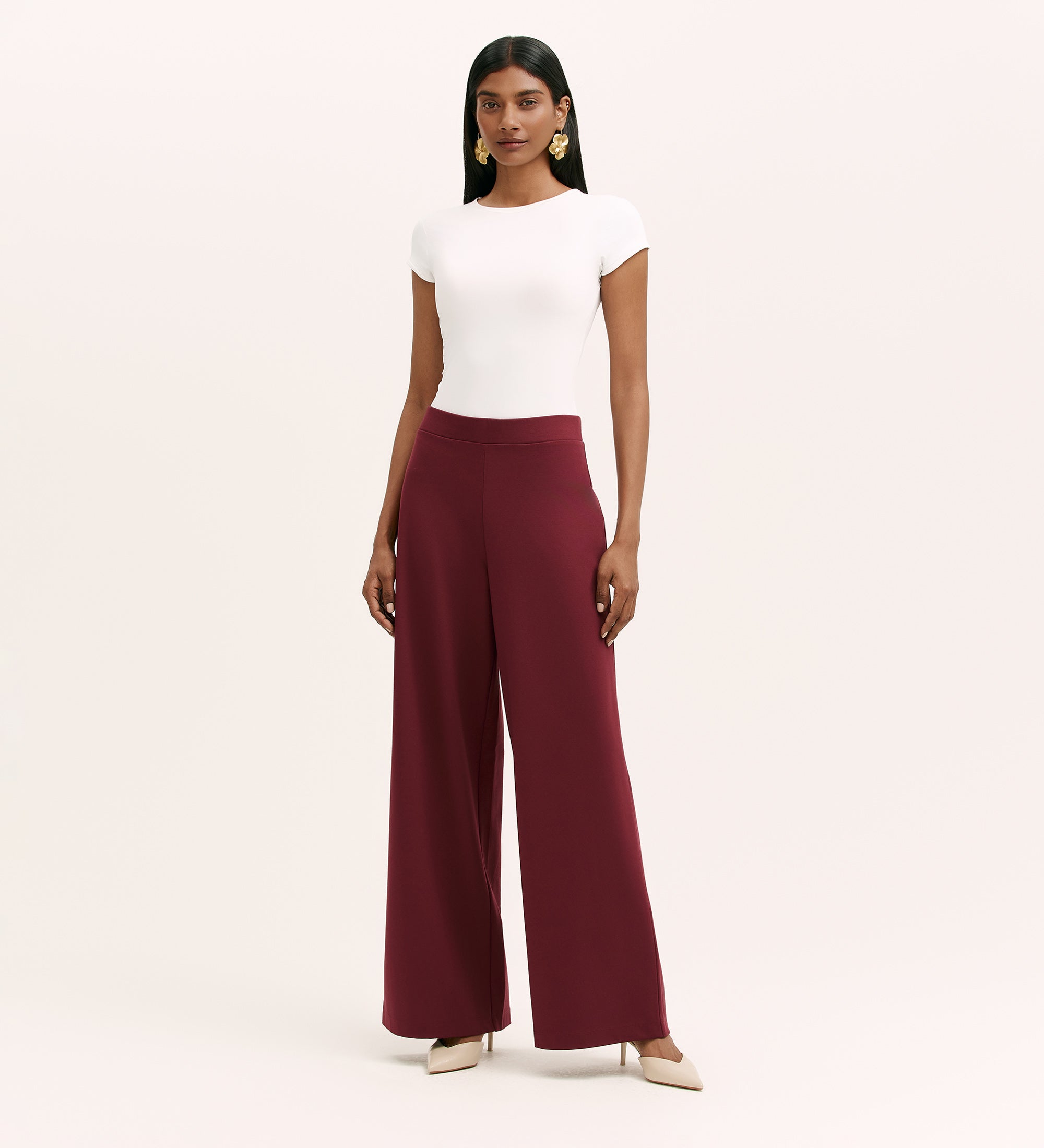 Kenzie Burgundy Ponte Jersey Wide Leg Trousers – Finery London