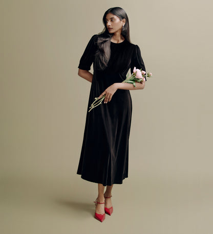 Mela Black Velvet Midi Tea Dress