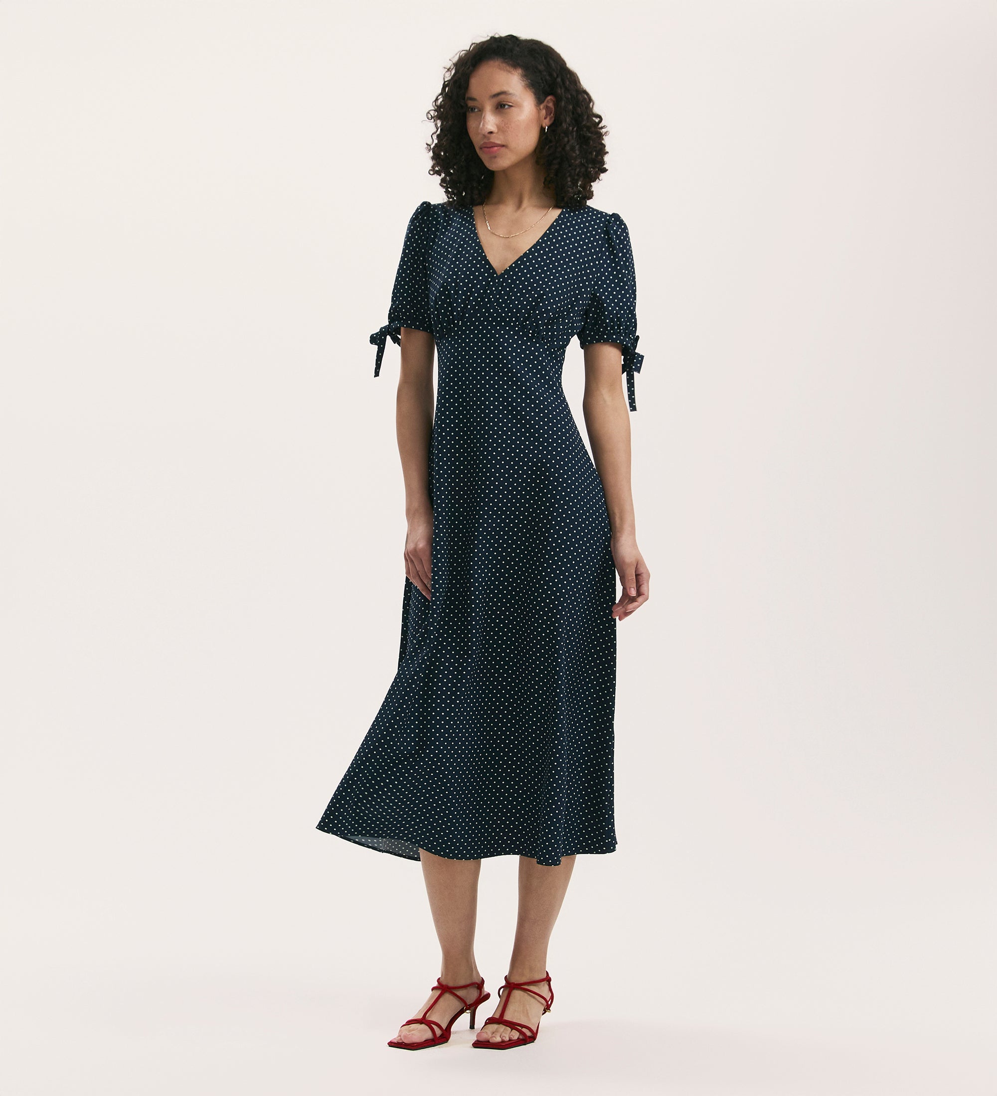 Gabriella Navy Polka Dot Crepe Midi Tea Dress – Finery London