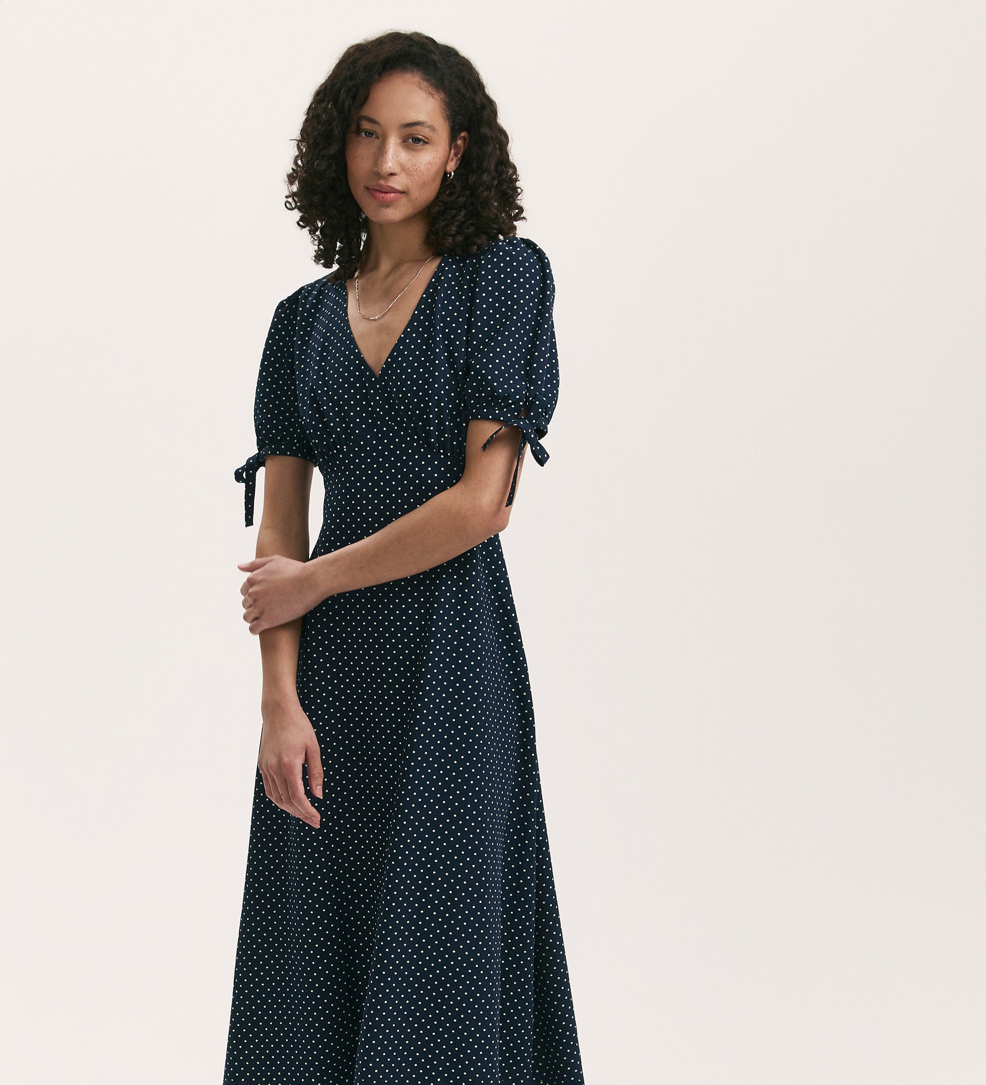 Gabriella Navy Polka Dot Crepe Midi Tea Dress Finery London Gabriella Navy Polka Dot Crepe Midi Tea Dress Finery London