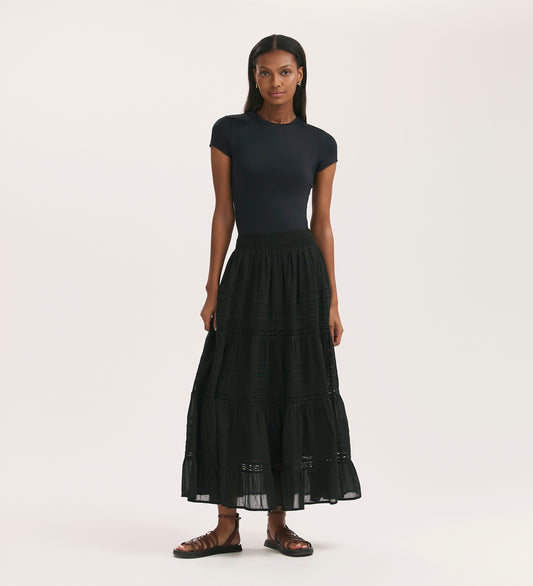 Imani Black Cotton Lace Tiered Midi Skirt