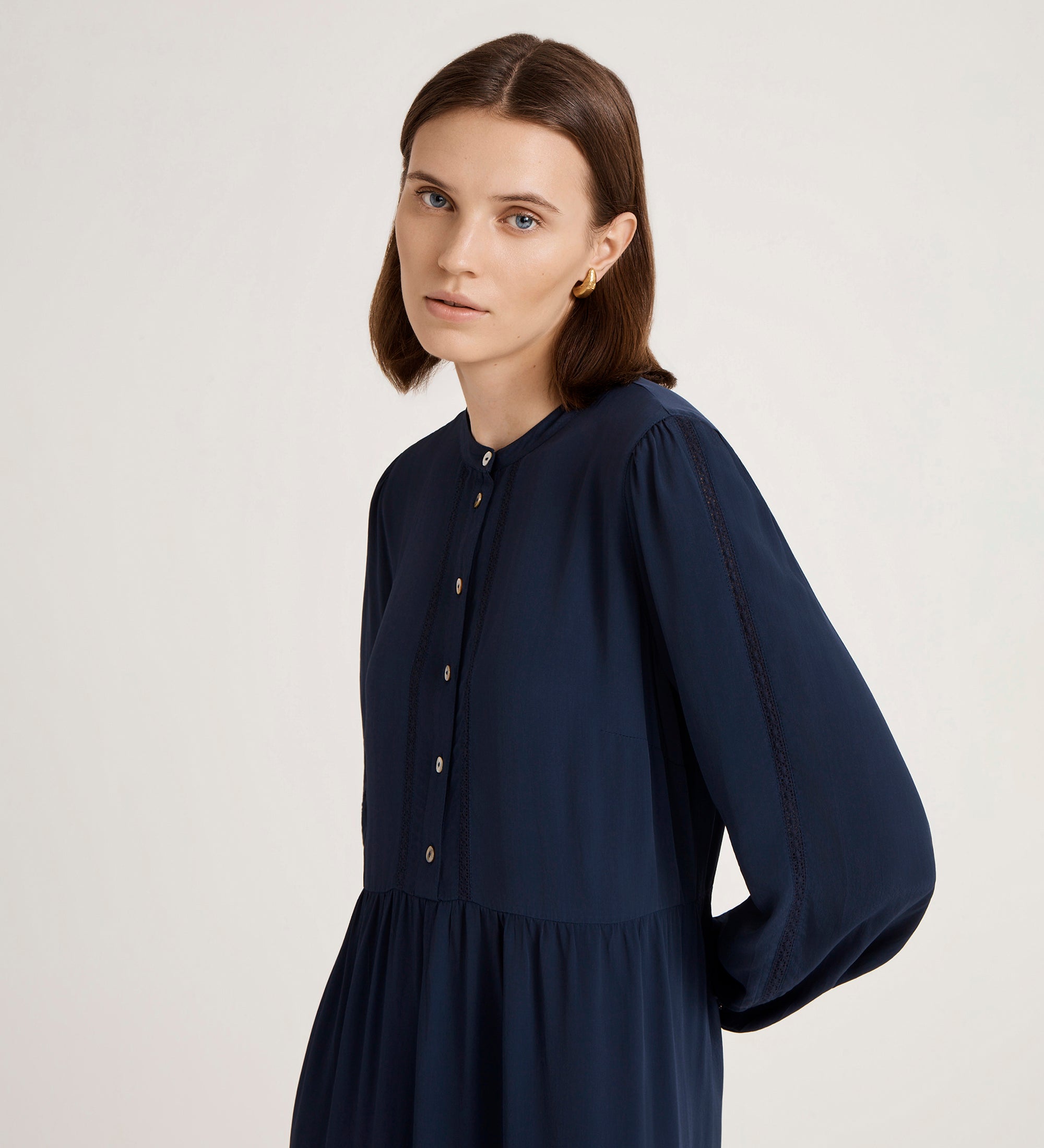 Jasmine Navy Lace Trim Crepe Midi Dress | Finery London