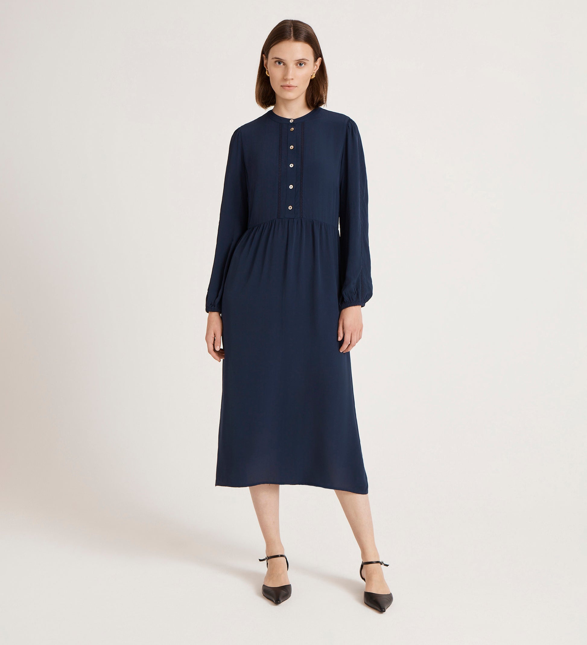 Jasmine Navy Lace Trim Crepe Midi Dress | Finery London Jasmine Navy Lace Trim Crepe Midi Dress | Finery London