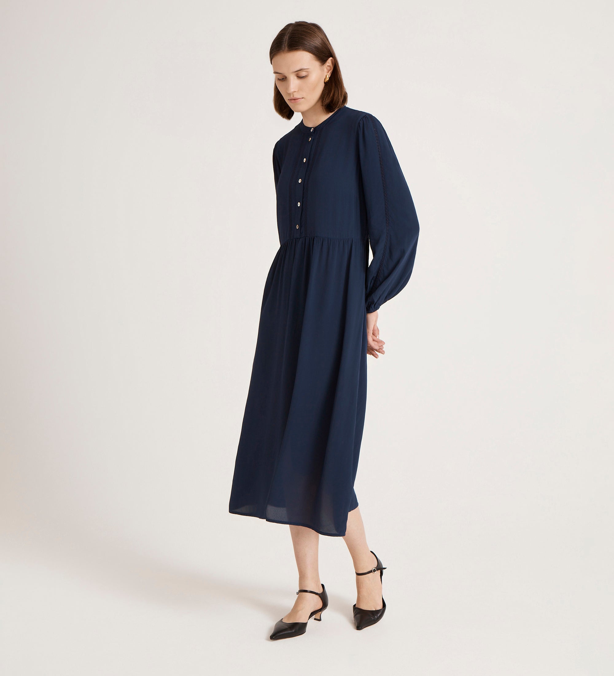 Jasmine Navy Lace Trim Crepe Midi Dress | Finery London