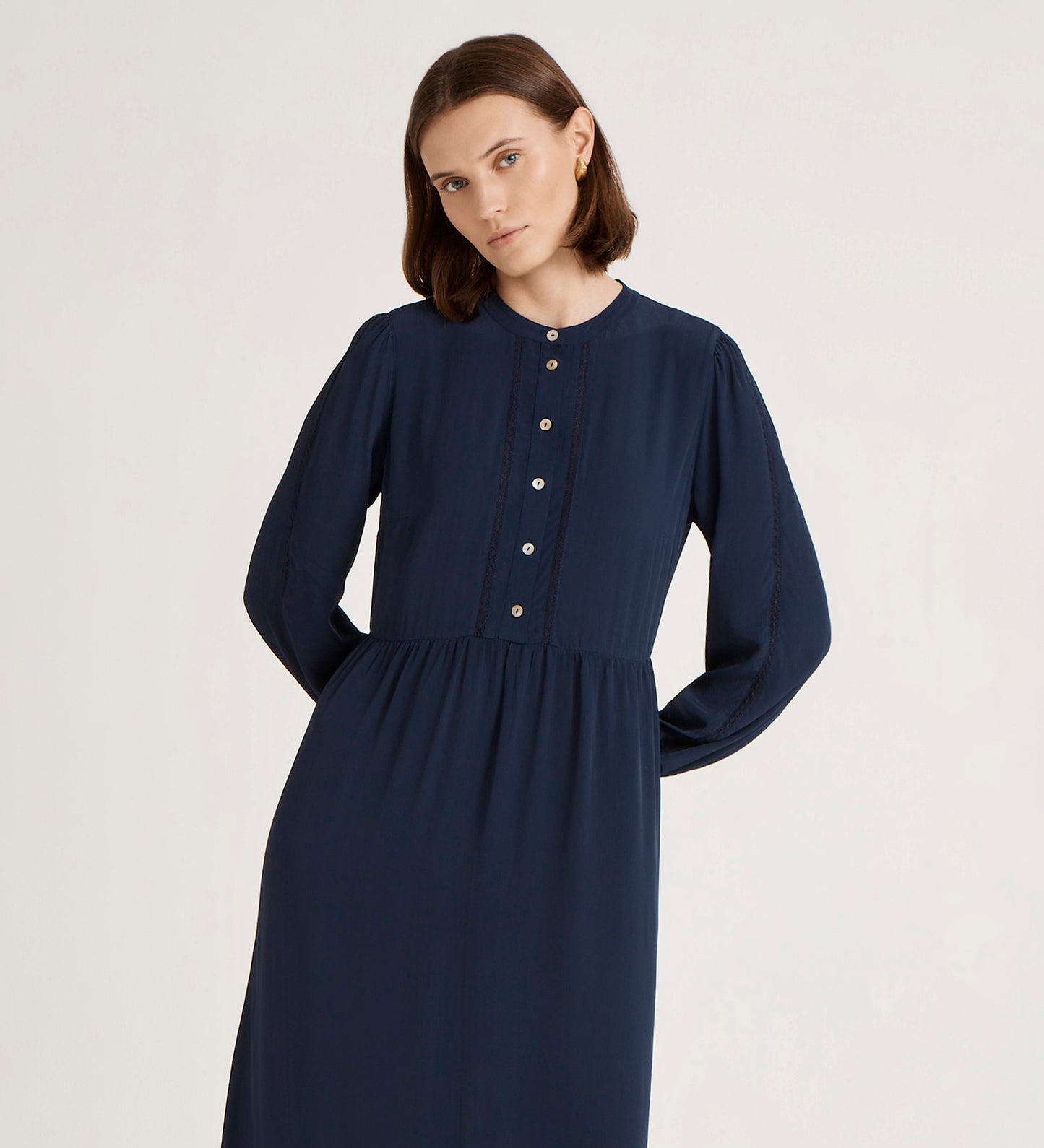 Jasmine Navy Lace Trim Crepe Midi Dress