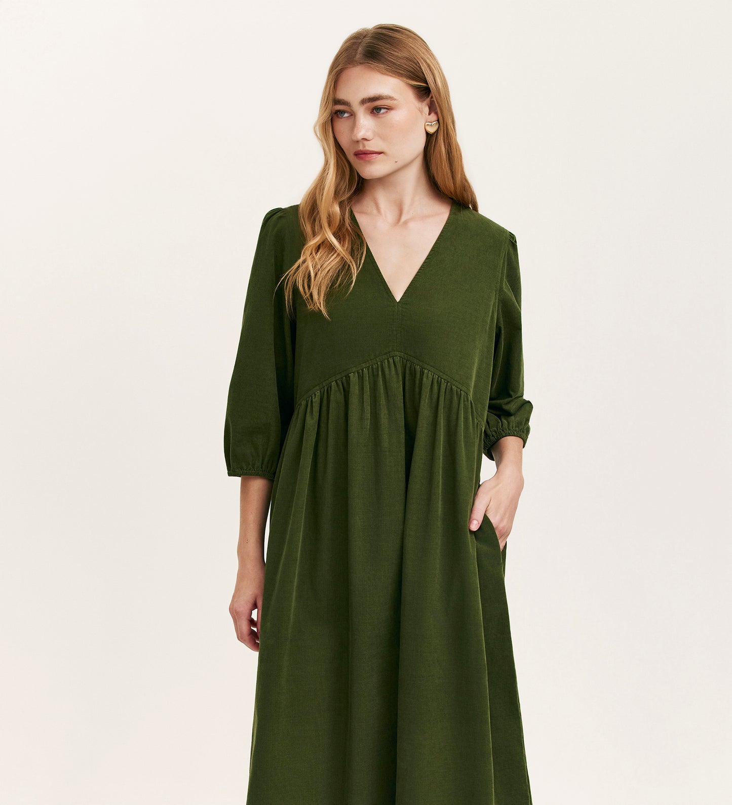 Jaz Khaki Corduroy Midi Dress
