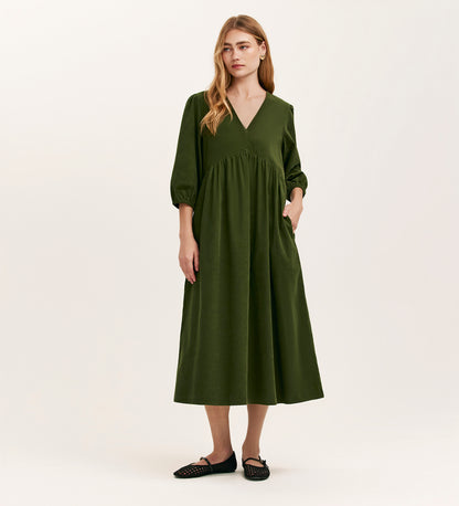 Jaz Khaki Corduroy Midi Dress