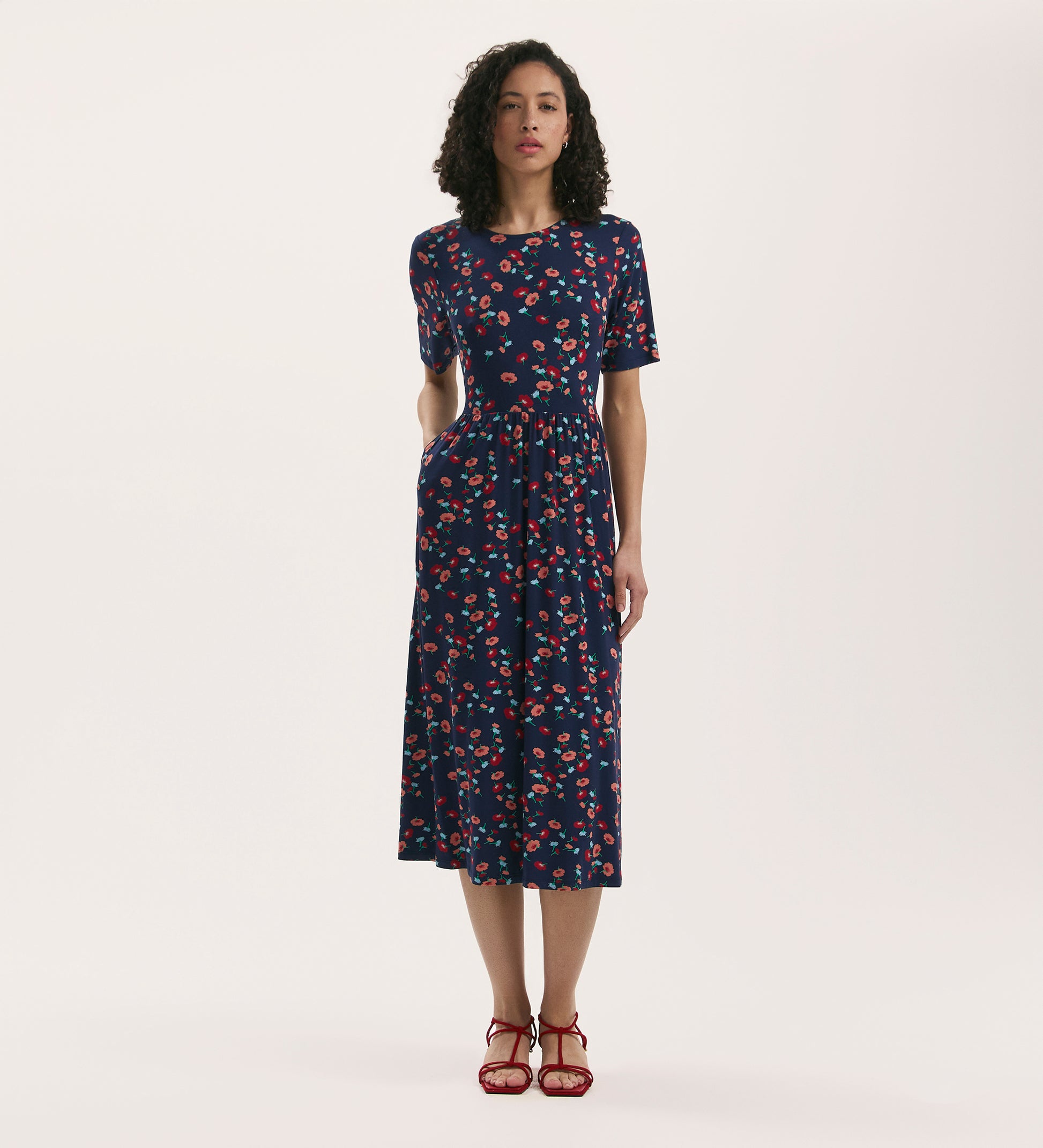 midi t-shirt dress with sleeves Kathryn Navy Flower Jersey Midi T-Shirt Dress – Finery London