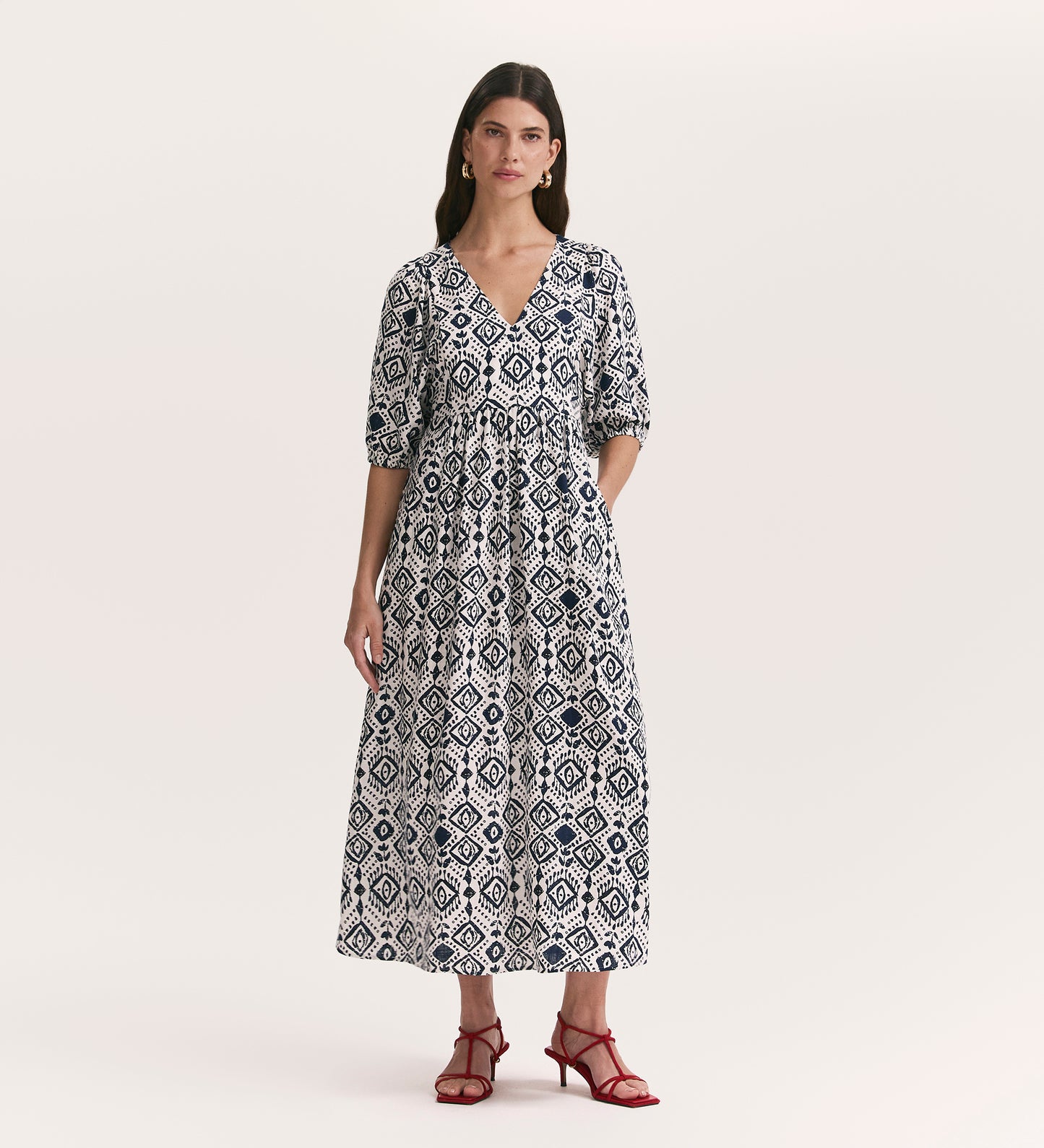 Katie Ivory Woodblock Midi Smock Dress with Linen