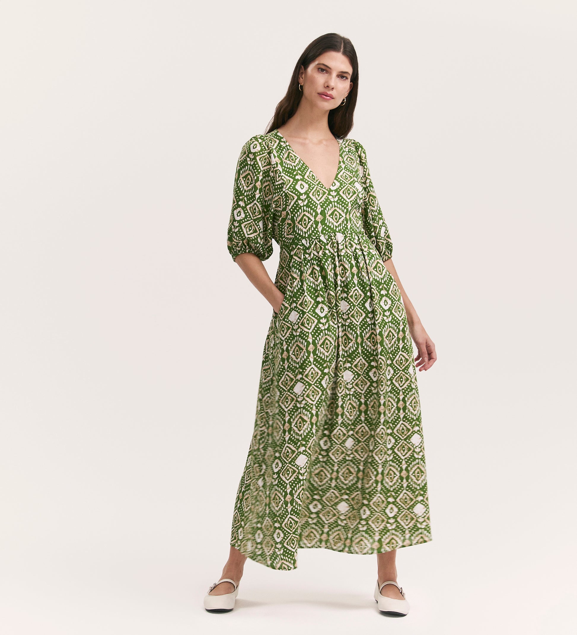 Katie Olive Woodblock Linen Blend Midi Smock Dress Finery London Katie Olive Woodblock Linen Blend Midi Smock Dress Finery London