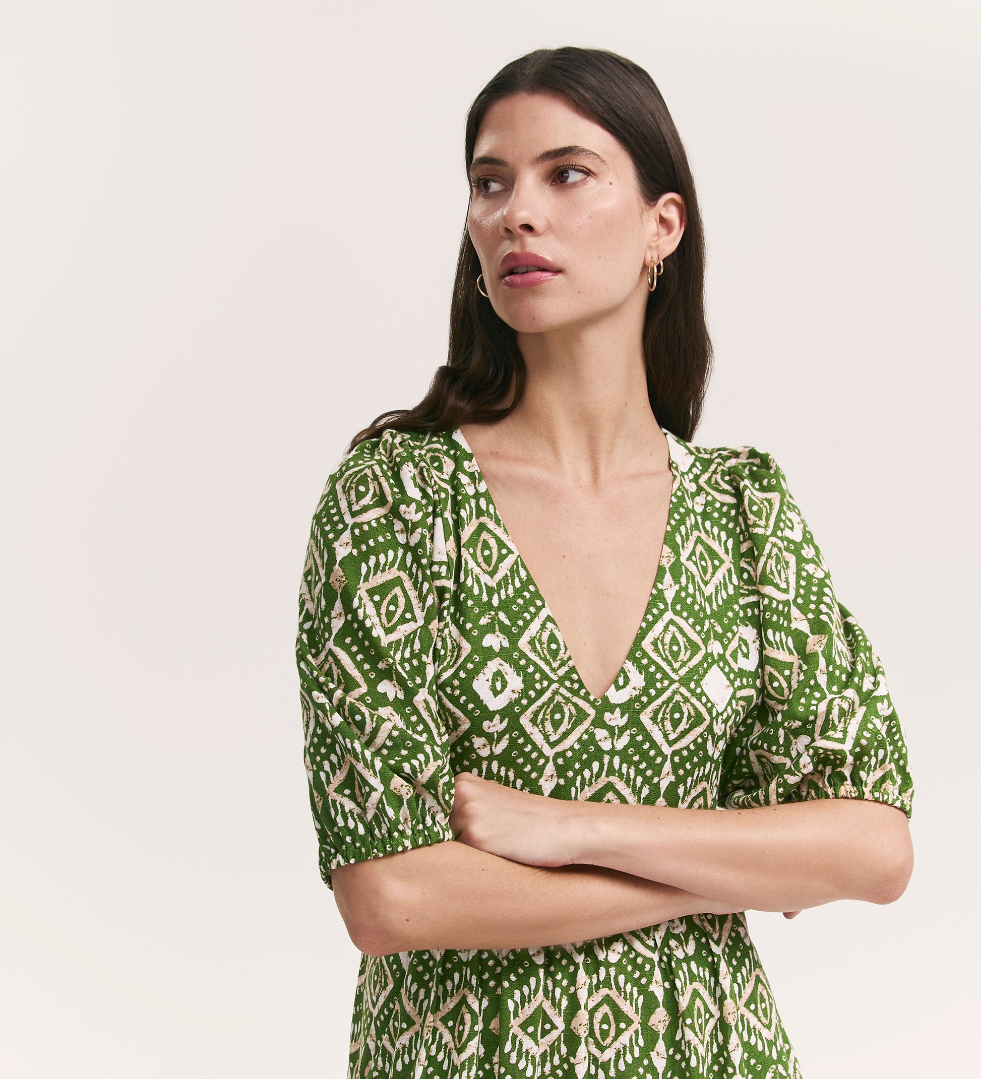 Katie Olive Woodblock Linen Blend Midi Smock Dress Finery London Katie Olive Woodblock Linen Blend Midi Smock Dress Finery London