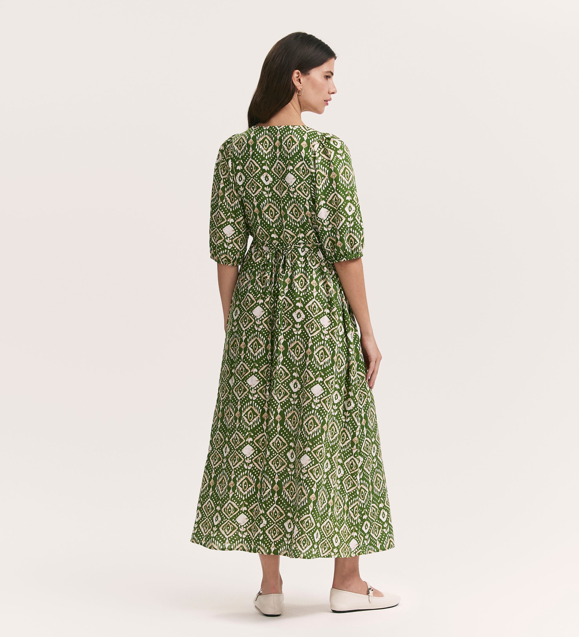Katie Olive Woodblock Linen Blend Midi Smock Dress – Finery London