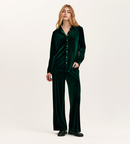 Kenzie Bottle Green Velvet Wide Leg Trousers