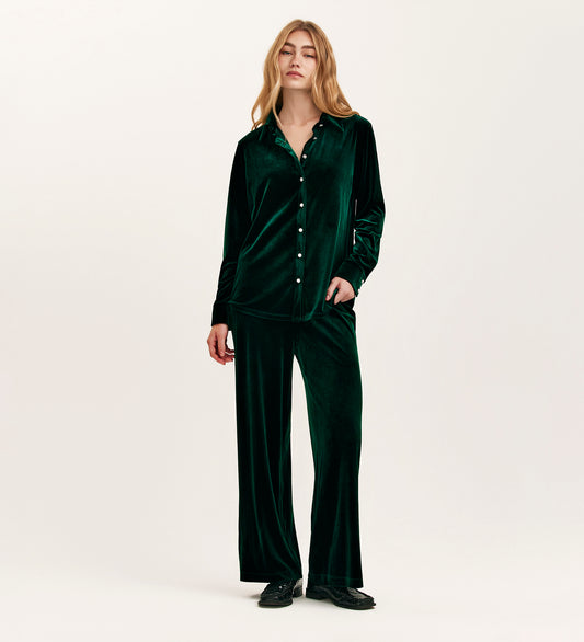 Kenzie Bottle Green Velvet Wide Leg Trousers