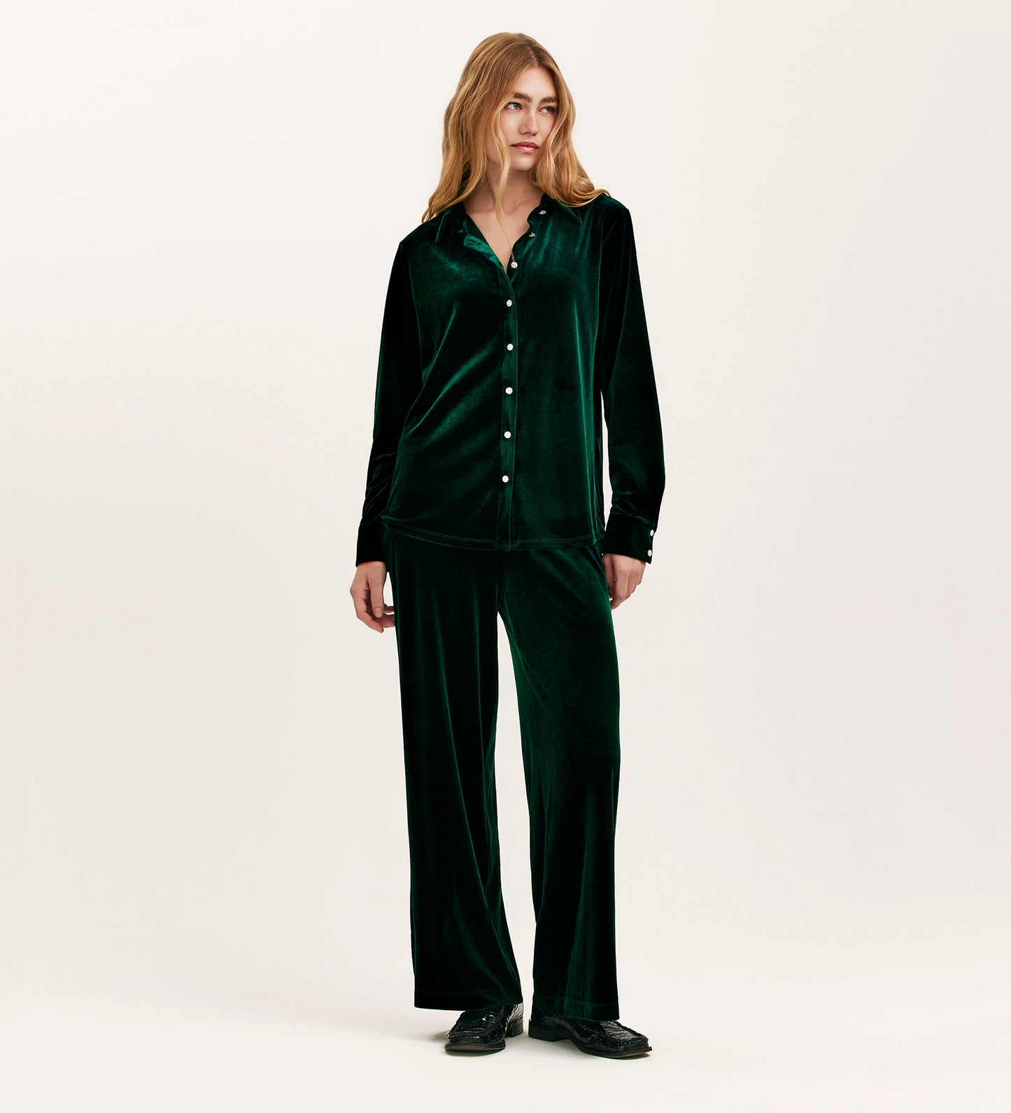 Kenzie Bottle Green Velvet Wide Leg Trousers