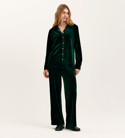 Kenzie Bottle Green Velvet Wide Leg Trousers