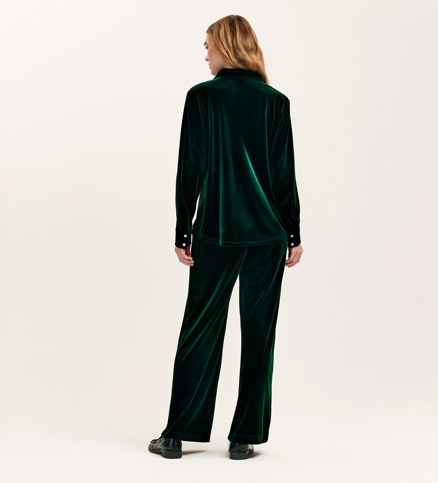 Kenzie Bottle Green Velvet Wide Leg Trousers