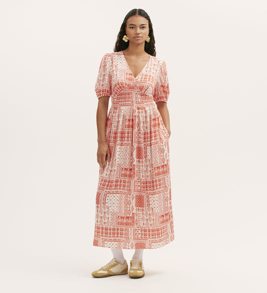 Kiara Coral Aztec Midi Dress