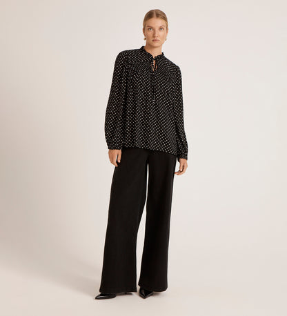 Kiya Black Crepe Polka Dot Blouse