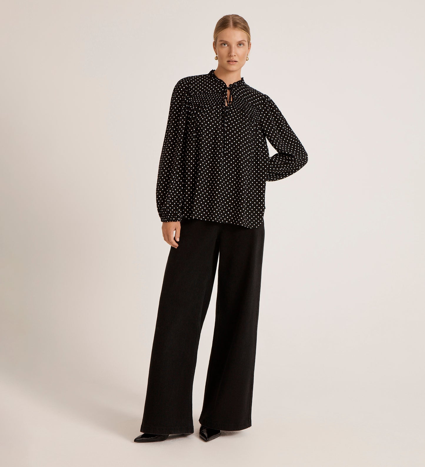 Kiya Black Crepe Polka Dot Blouse