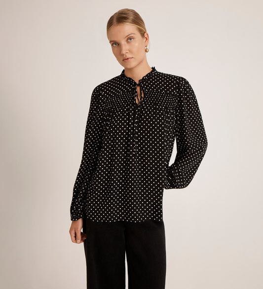 Kiya Black Crepe Polka Dot Blouse