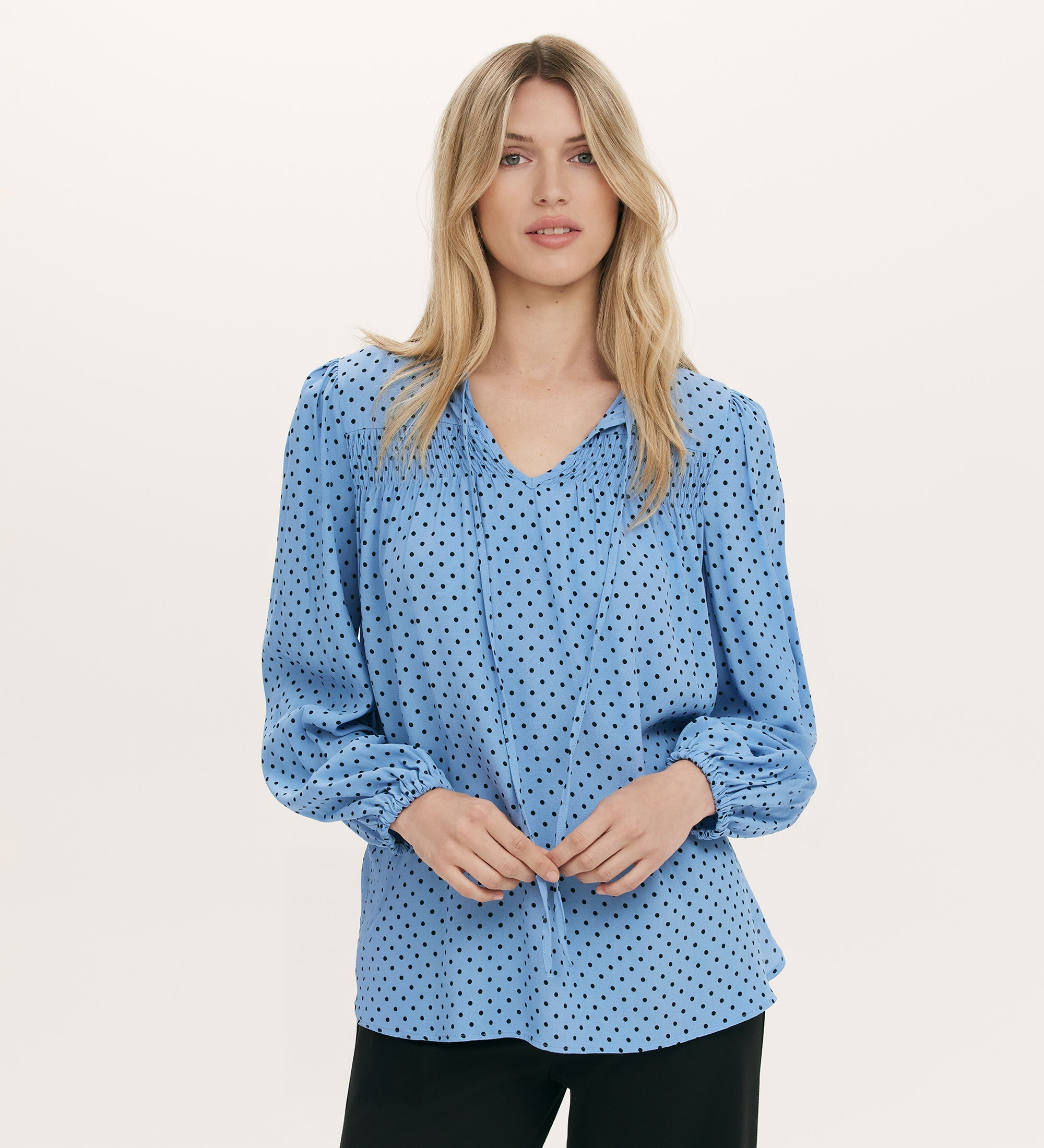 BLUELEA ブルレア Balloon dot jacquard blouse Kiya Blue Polka Dot Tie Neck Blouse | Finery London