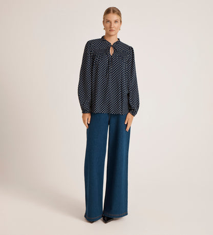 Kiya Navy Crepe Polka Dot Blouse