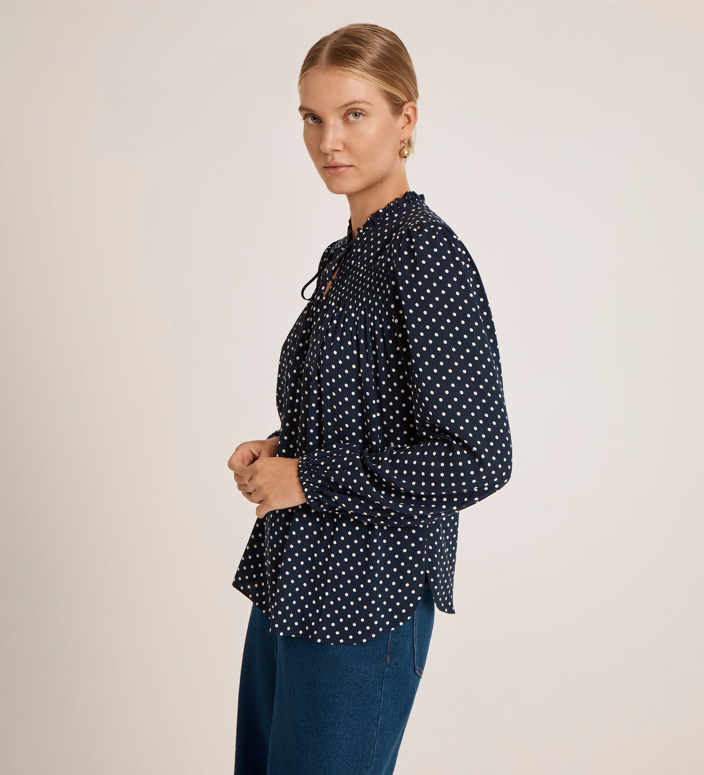 Kiya Navy Crepe Polka Dot Blouse