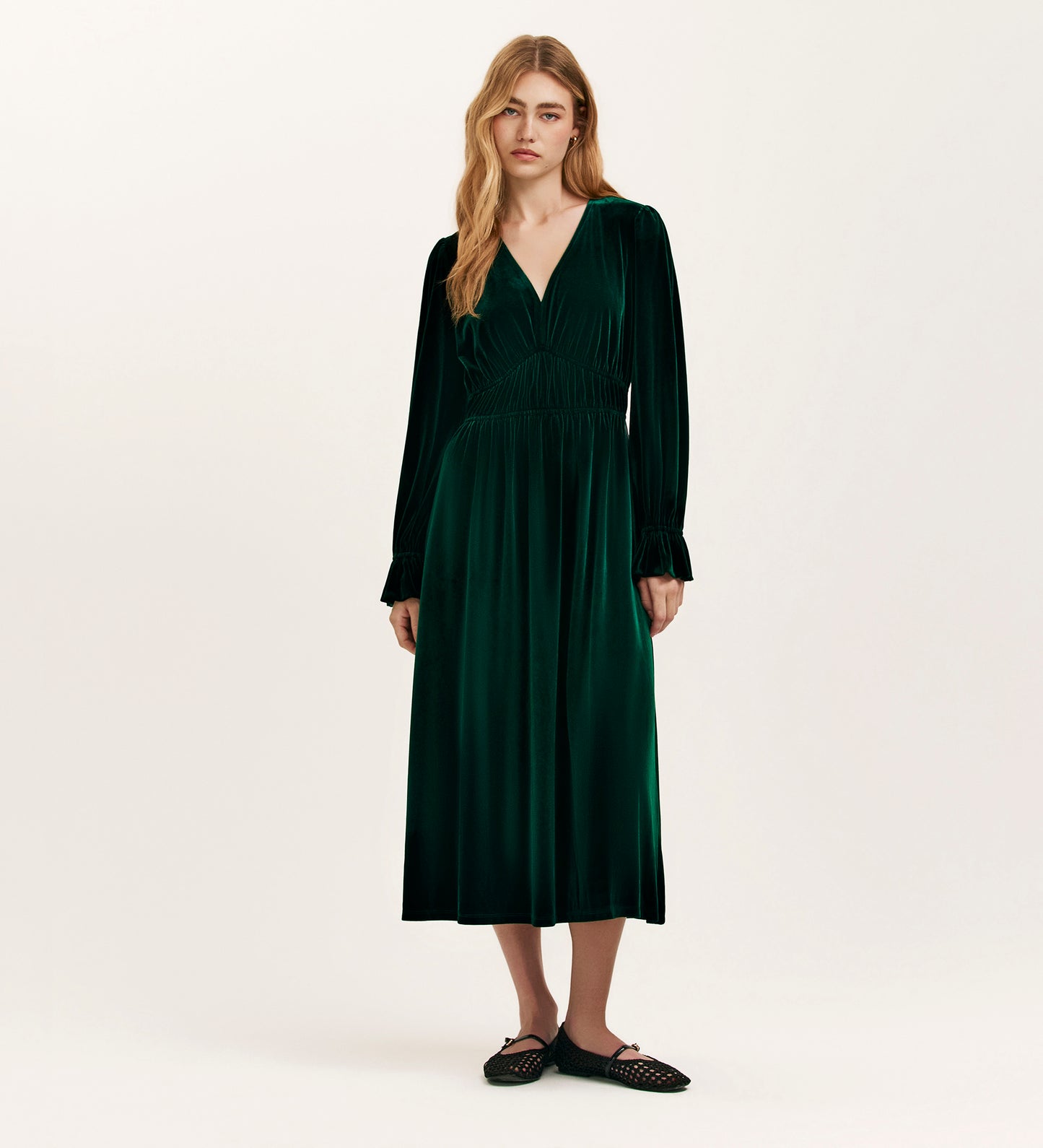 Laila Bottle Green Velvet Midi Dress