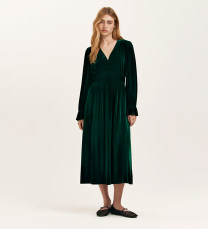 Laila Bottle Green Velvet Midi Dress