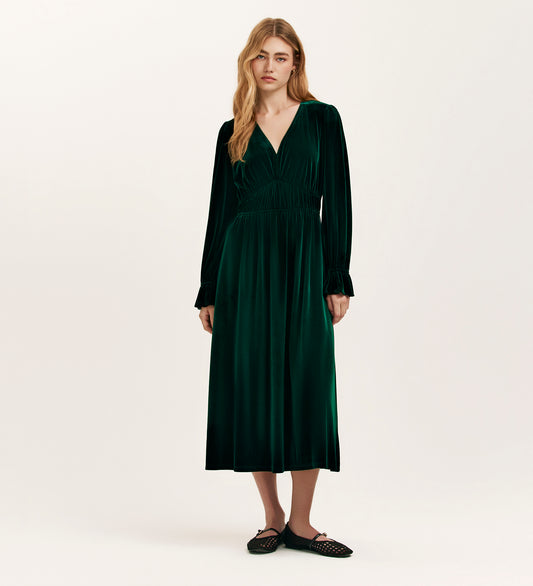 Laila Bottle Green Velvet Midi Dress