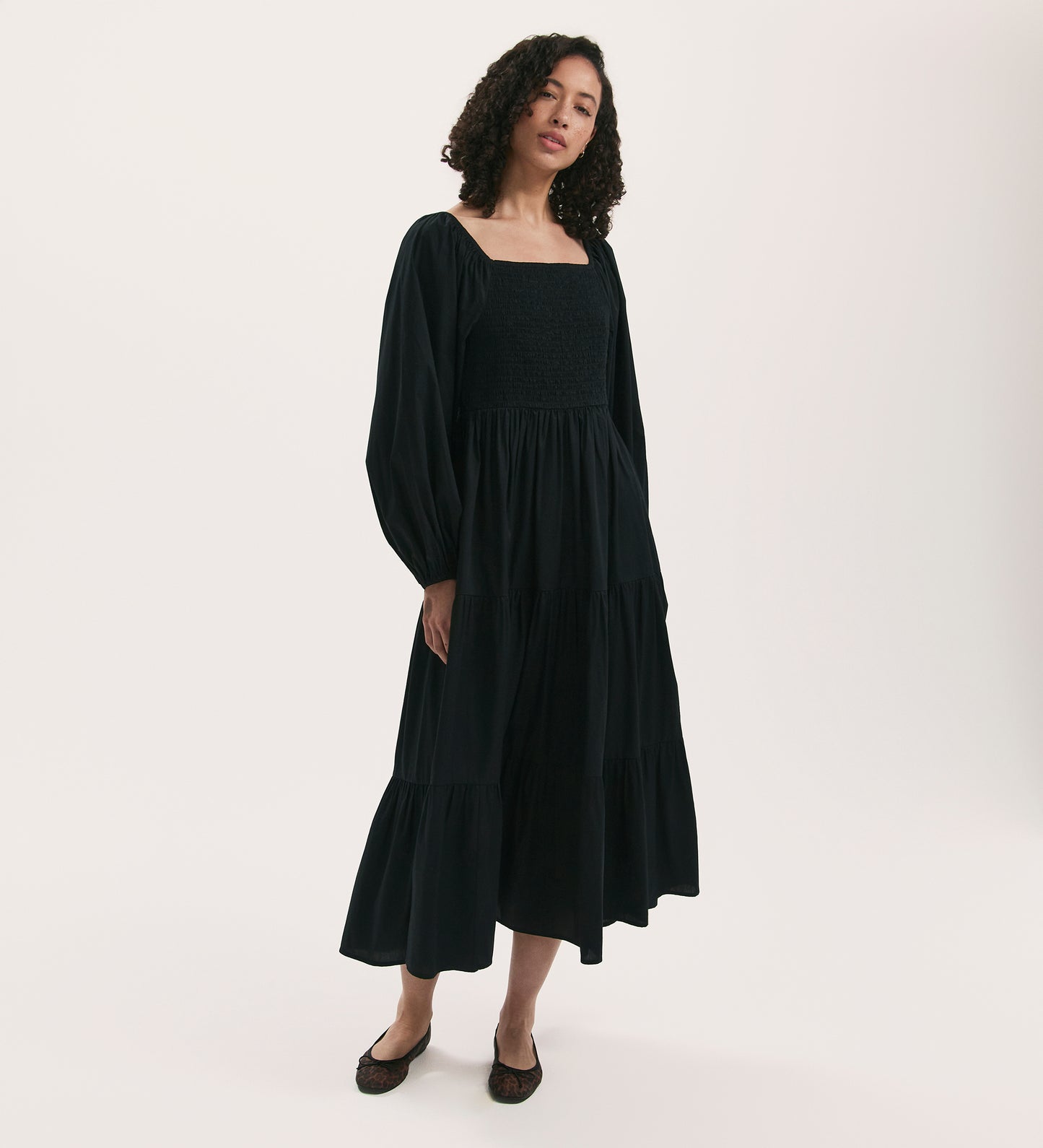 Lauretta Black Cotton Midi Tiered Dress