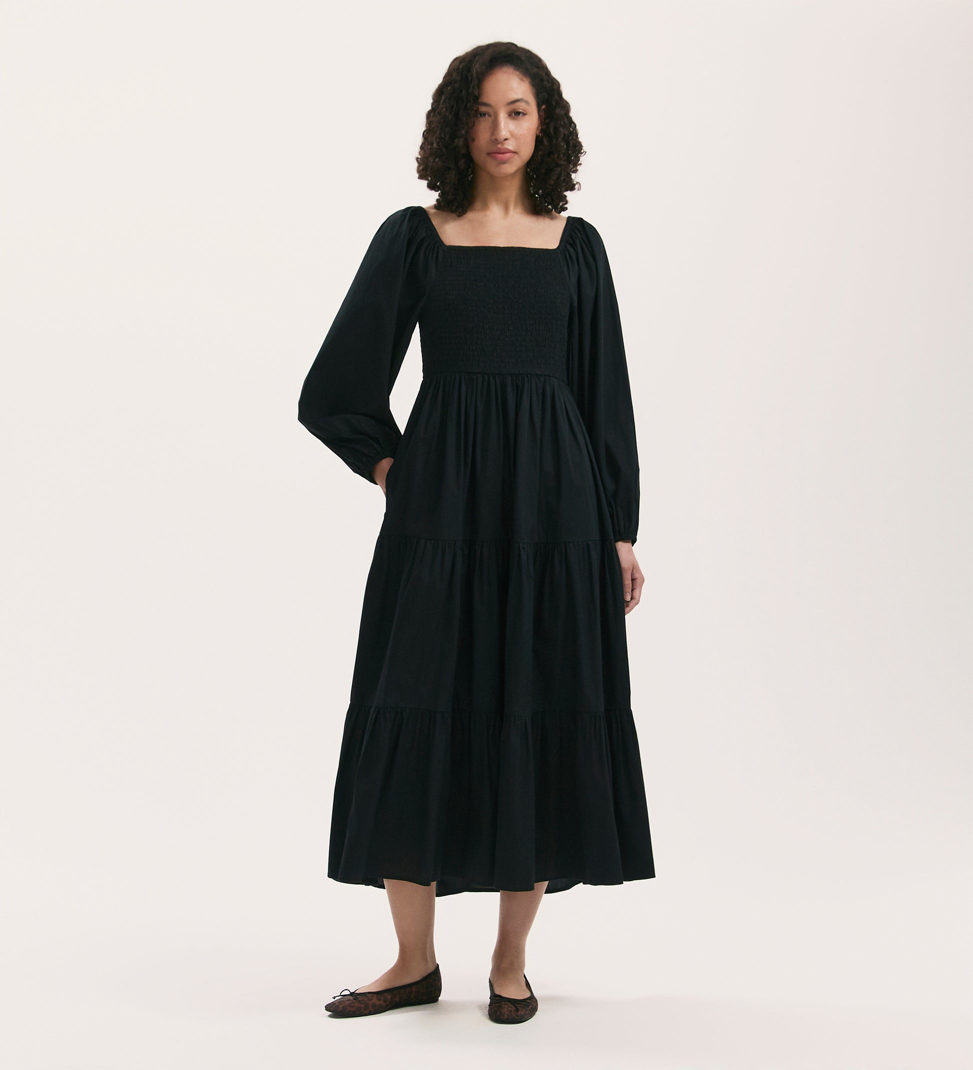 Lauretta Black Cotton Midi Tiered Dress