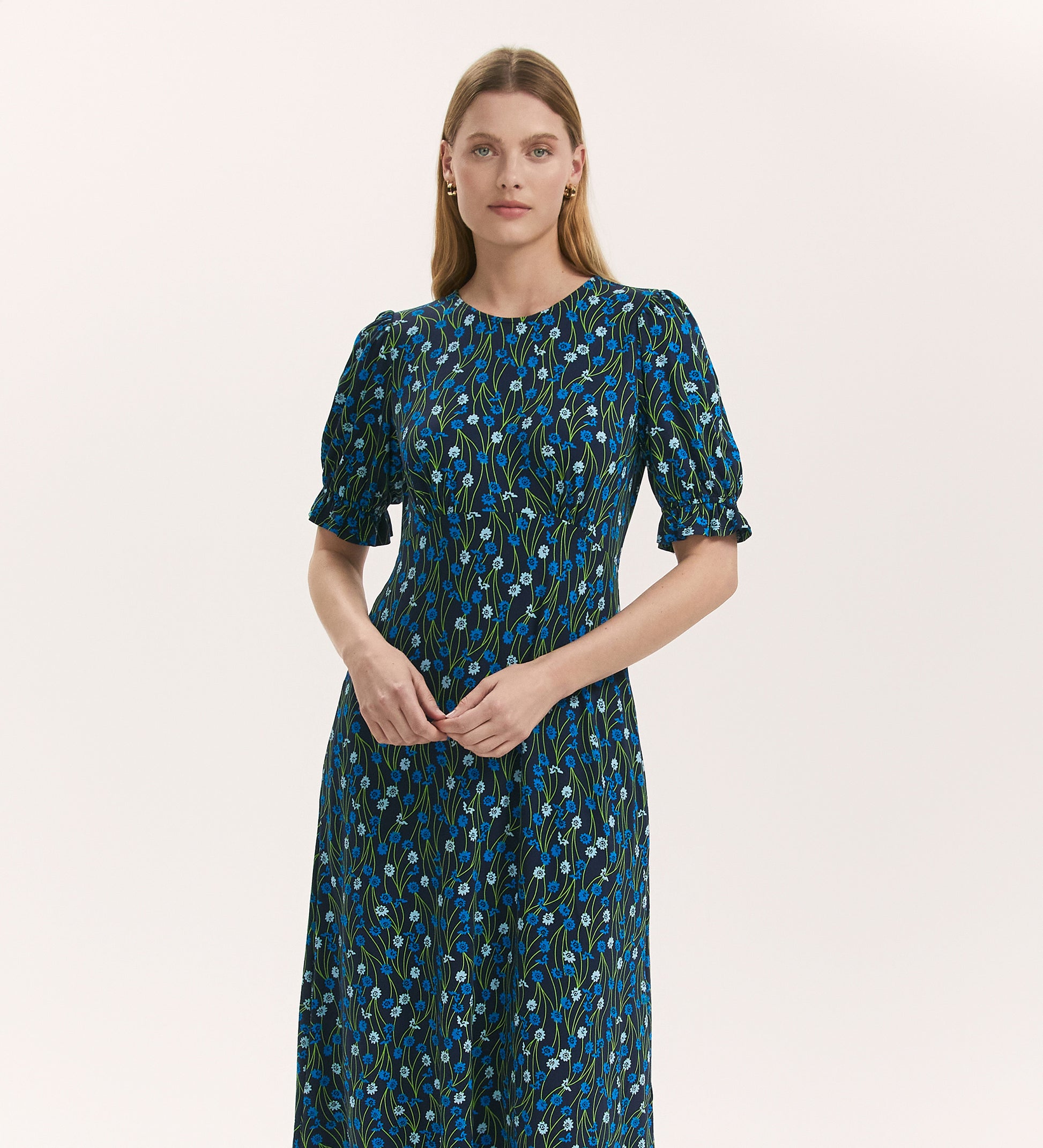 Lenisha Blue Flower Jersey Midi Tea Dress | Finery London Lenisha Blue Flower Jersey Midi Tea Dress | Finery London