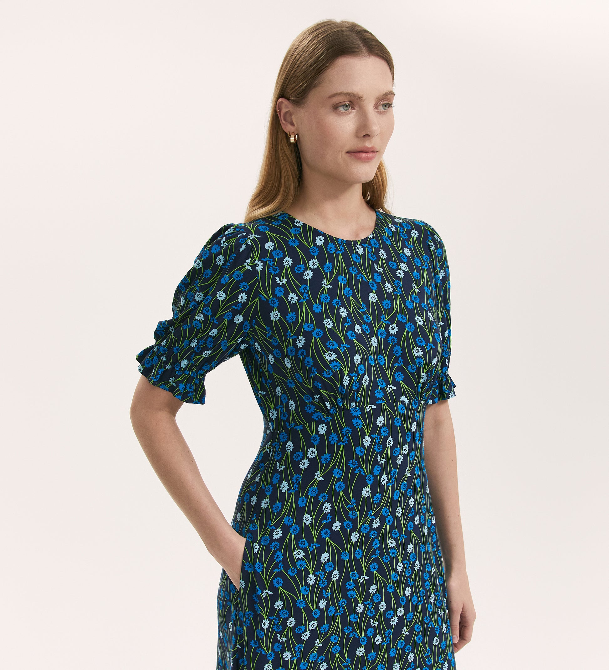 Lenisha Blue Flower Jersey Midi Tea Dress | Finery London Lenisha Blue Flower Jersey Midi Tea Dress | Finery London
