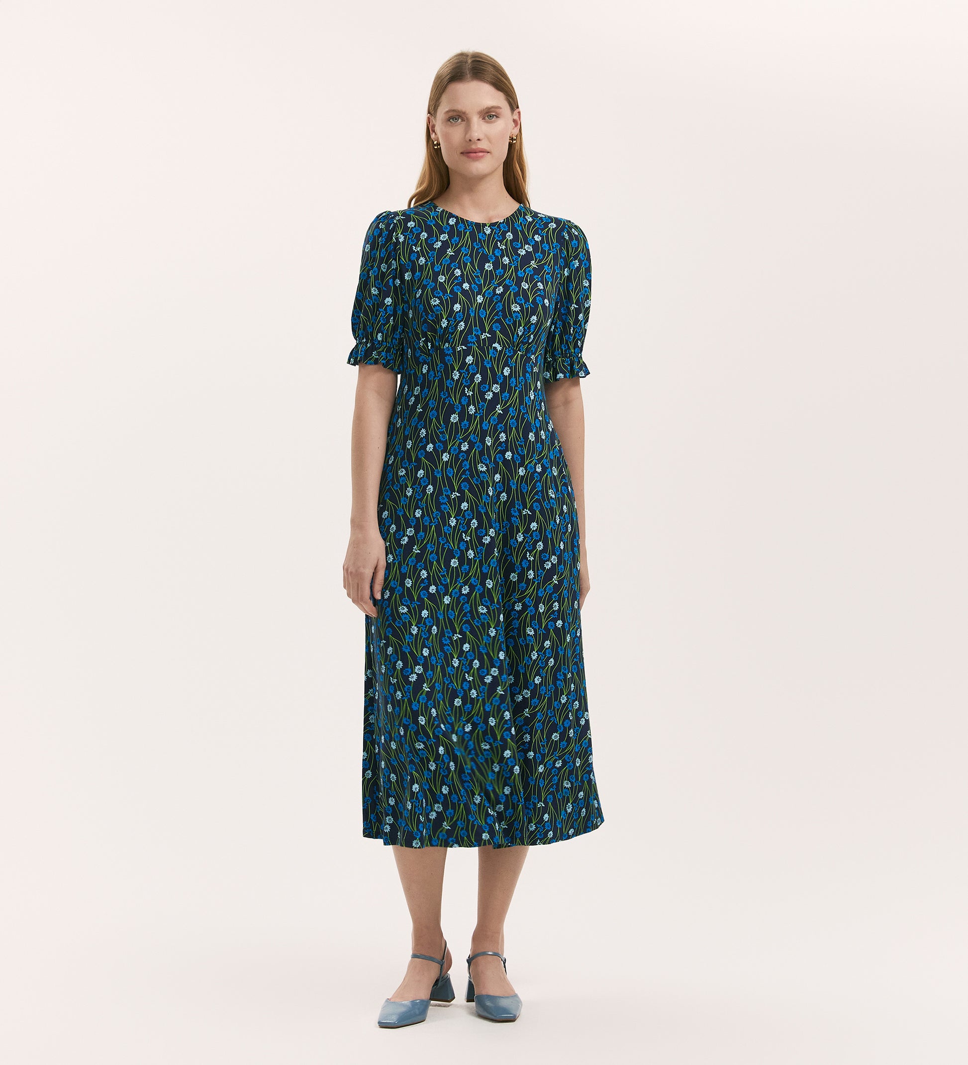 Lenisha Blue Flower Jersey Midi Tea Dress | Finery London Lenisha Blue Flower Jersey Midi Tea Dress | Finery London